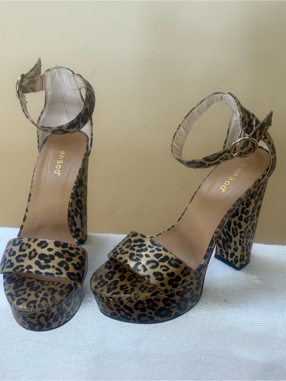 BAMBOO Leopard Platform Ankle Strap Block Heel Sandals - Brown/Black